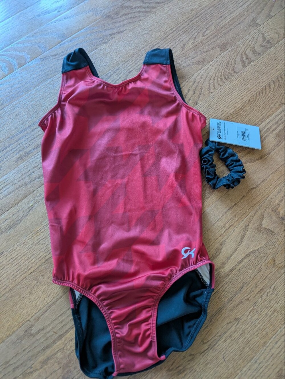 GK Red Gymnastics Leotard with Black Trim and Scrunchie